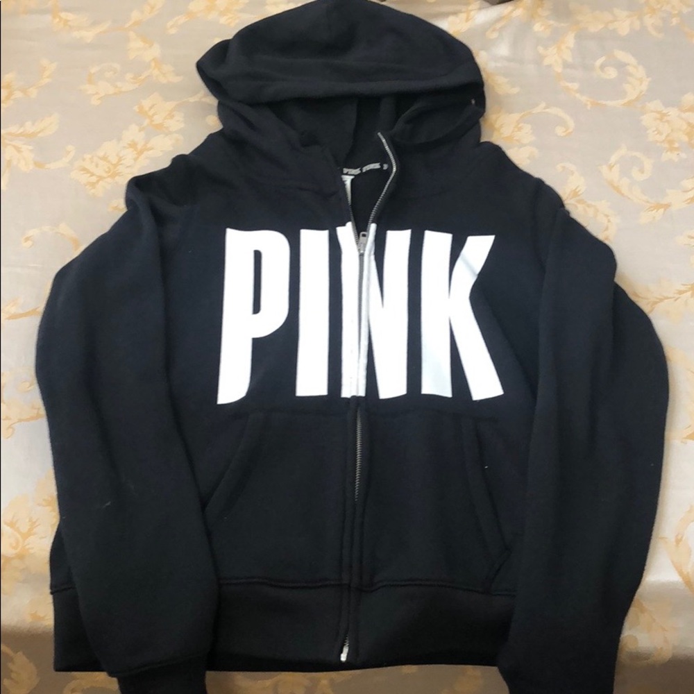 Victoria’s Secret Pink • black zip up sweatshirt with white pink across chest